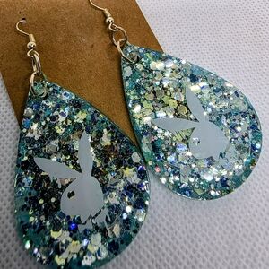 Ice Blue Glitter Teardrop Earrings with Bunny Logo